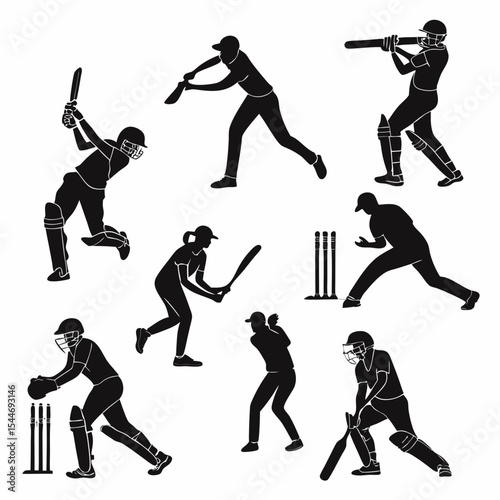 Cricket Player Silhouettes Vector Set in Action Poses