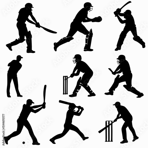 Cricket Player Silhouettes Vector Set in Action Poses