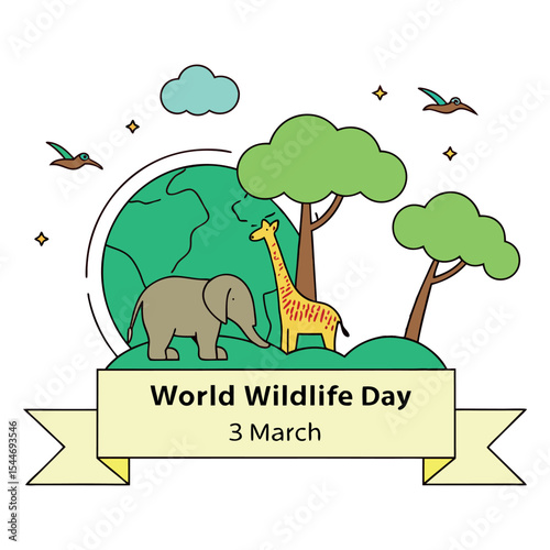 World wildlife day illustration with an elephant and giraffe