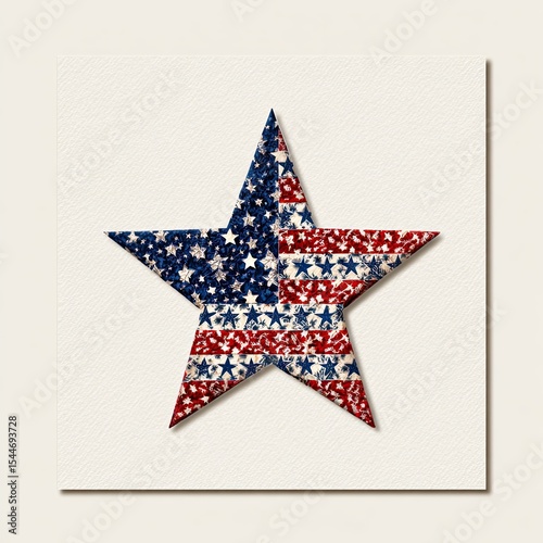 Patriotic star with American flag pattern in red white and blue colors on textured neutral background design
