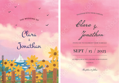 Set of watercolor wedding invitation cards pink seascape sunset sky