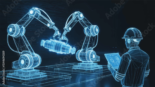 Robotic Automation in Industry: A technician observes robotic arms, depicting technological advancement, and innovation within a modern industrial setting.