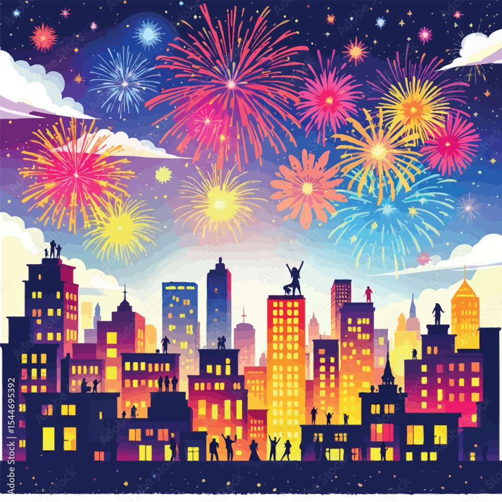 Vsai people watching fireworks exploding over the city skyline