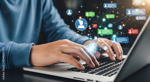 Person using laptop computer with social media network connection and communication displayed