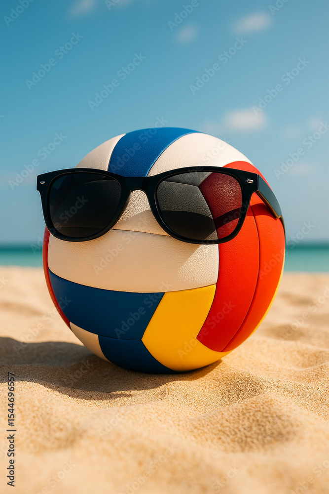 Obraz premium Colorful volleyball wearing sunglasses on sandy beach during summer