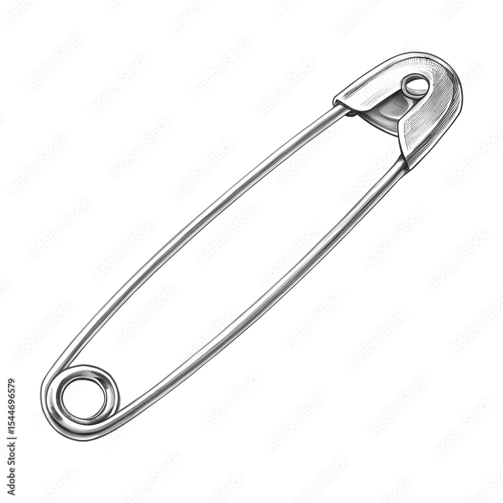 Safety Pin: Detailed Illustration, Metal Clasp, Clothing Accessory, Vintage Design Safety Pin: Detailed Illustration, Metal Clasp, Clothing Accessory, Vintage Design