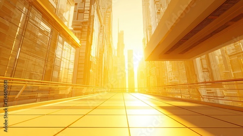 Golden futuristic cityscape street perspective