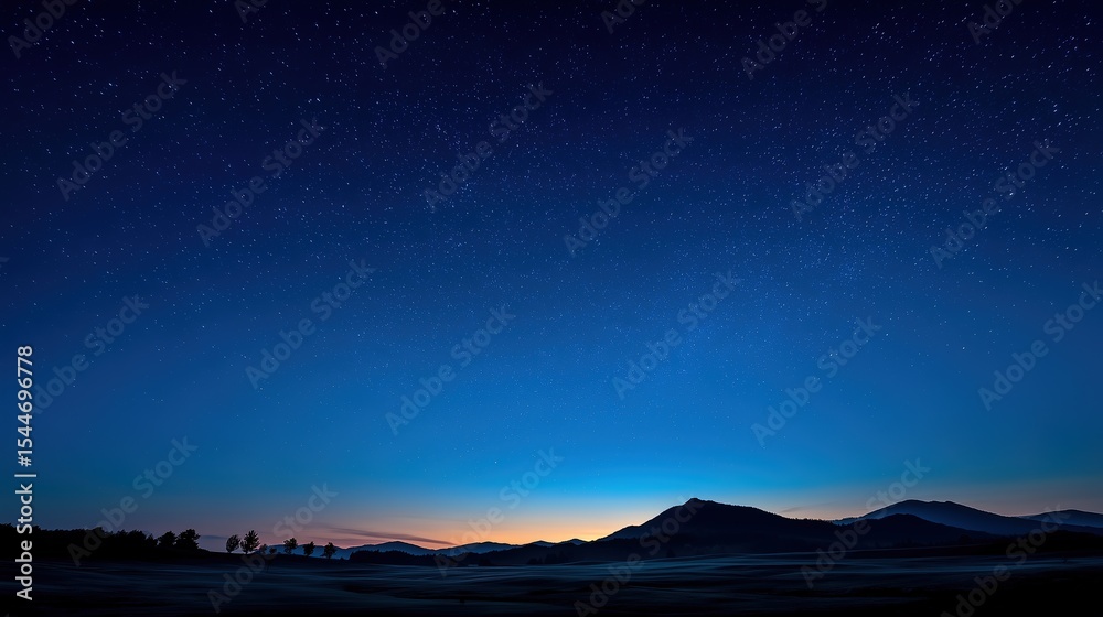Fototapeta premium Deep blue starry night minimalist landscape black hill silhouette star trails HD rendered serene meditation creative background