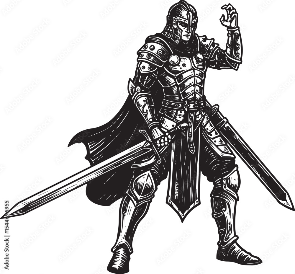Fototapeta premium Intricate Black and White Illustration of a Knight in Full Armor