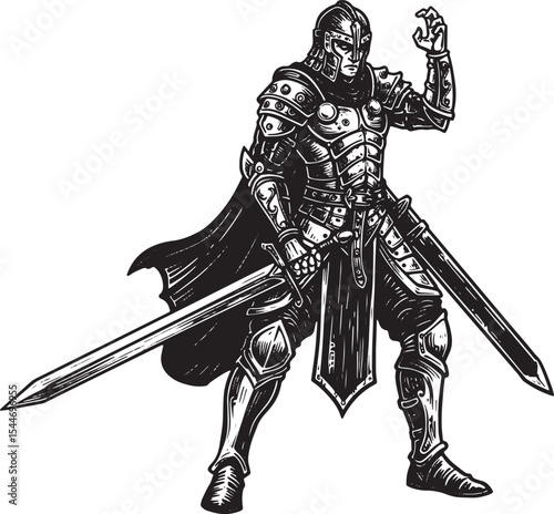 Intricate Black and White Illustration of a Knight in Full Armor