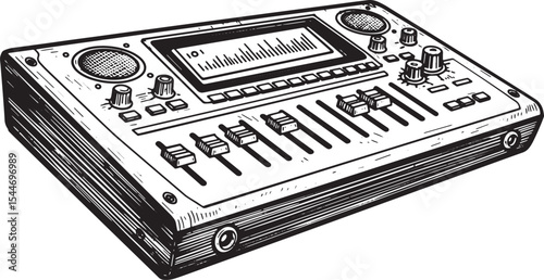 Detailed black and white illustration of a mixing console, audio