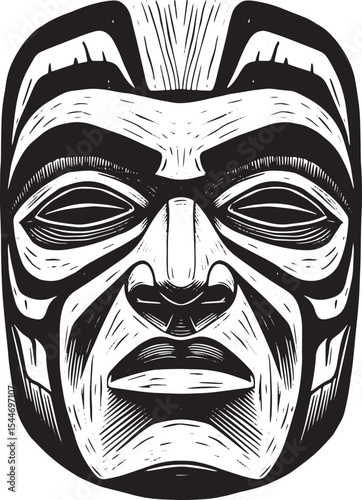 Black and white illustration of a tribal mask with intricate det