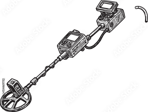 Metal detector illustration in black and white, perfect for desi