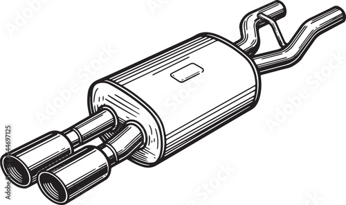 Detailed Illustration of a Car Exhaust System, Monochrome Design