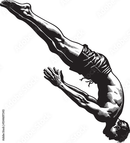 A Man's Plunge: Dramatic Monochrome Woodcut Drawing of a Diver i