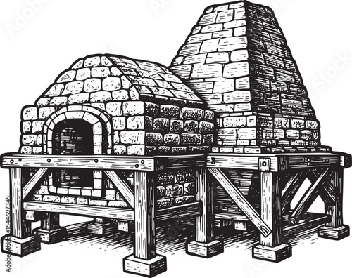 Detailed illustration of a vintage brick oven on a wooden struct