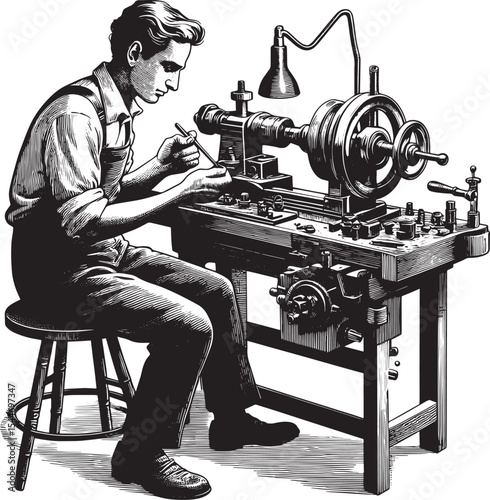 Craftsman meticulously working on a miniature lathe, woodcut-sty