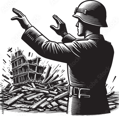 Man Overseeing Demolition with Hand Signals in Detailed Woodcut