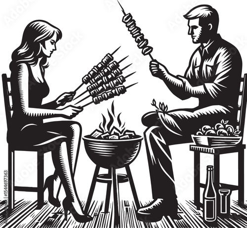 Elegant monochrome illustration of a couple enjoying a kebab bar