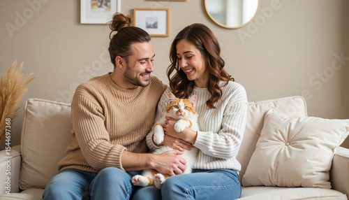 Young couple smiling while holding cat on sofa in cozy living room  