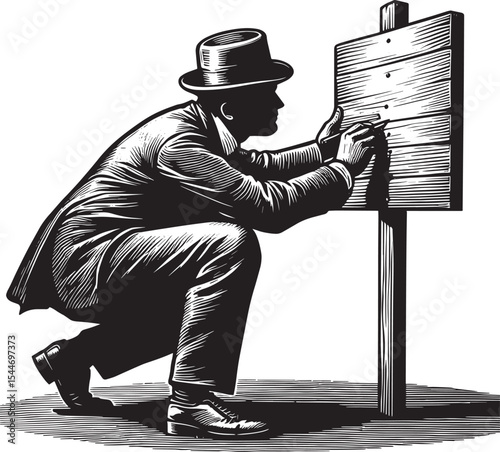 Man in suit adjusting a wooden sign, black and white woodcut sty