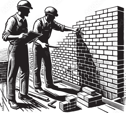 Construction crew rebuilding a brick wall with detailed woodcut