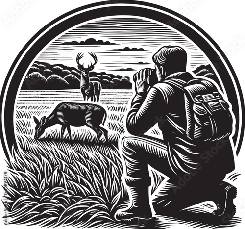 Woodcut illustration of a wildlife photographer observing deer i