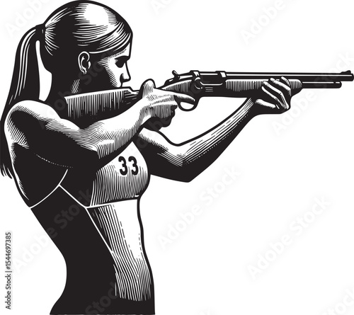 Focused female athlete aiming rifle, traditional woodcut design,