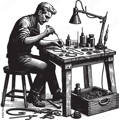 Detailed woodcut style illustration of a jeweller crafting intri