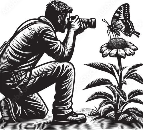 Photographer capturing butterfly on flower in detailed woodcut i