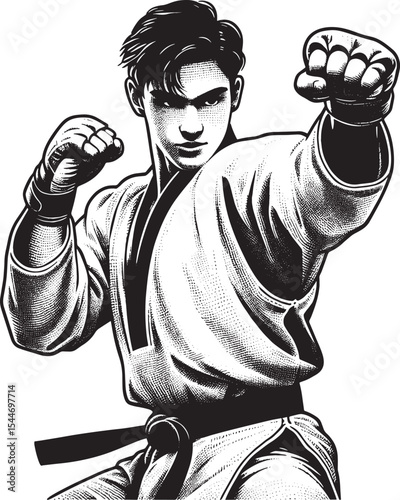 Dynamic Black and White Woodcut Illustration of a Taekwondo Athl