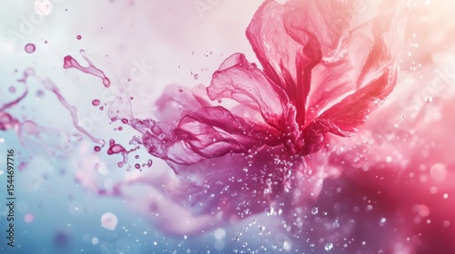 Pink flower burst with paint splash in water for dynamic floral abstract background concept photography design
