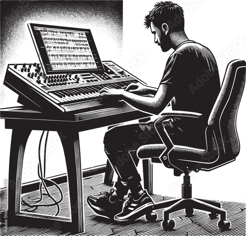 Crafting melodies: a musician at his digital keyboard in a woodc