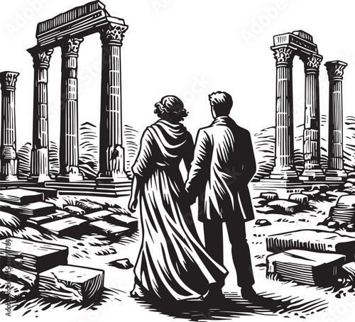 Couple hand in hand exploring ancient ruins, imagining past life