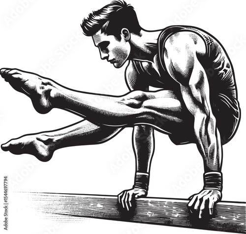 Monochrome woodcut of male gymnast executing horizontal bar rout