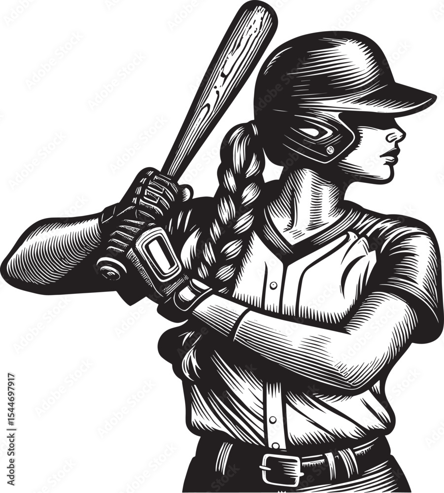 Obraz premium Dynamic female baseball player illustration with bold woodcut ae