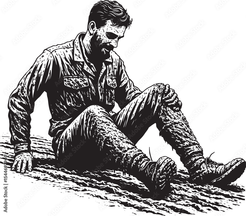 Fototapeta premium A man's mishap: A muddy predicament after a tumble on a rugged t
