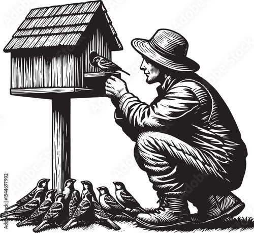 Attentive naturalist watching sparrows feeding at rustic birdhou