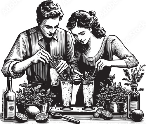 Classic couple preparing refreshing sparkling mocktails with gar