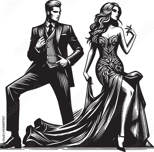 Elegant couple in formal attire showcasing classic woodcut style