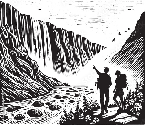 Adventurous couple explores a majestic waterfall landscape in wo