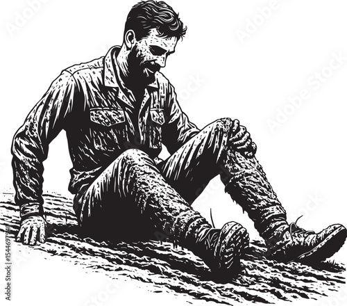 A man's mishap: A muddy predicament after a tumble on a rugged t