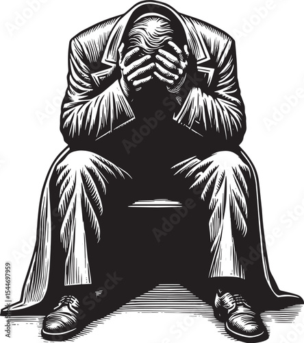 Woodcut illustration of a man overcome with despair, concealing