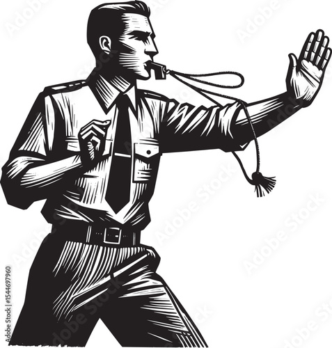 Bold woodcut illustration of traffic officer guiding traffic wit