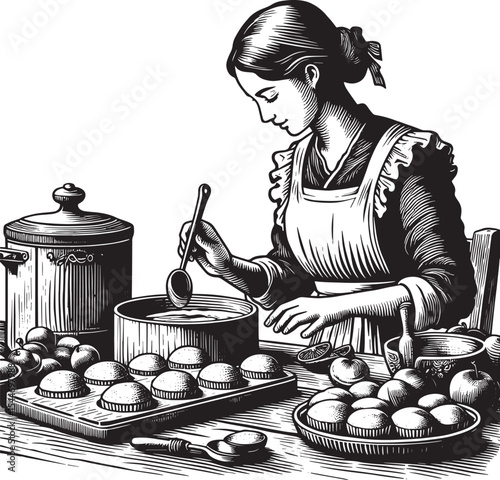 Woodcut Illustration: Woman Baking Muffins with Fruits and Kitch