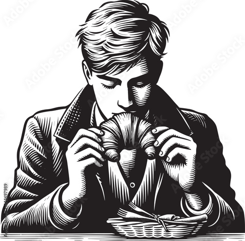 Monochrome woodcut of person enjoying a croissant against isolat