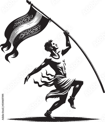 Elation personified: Monochromatic linocut style illustration of