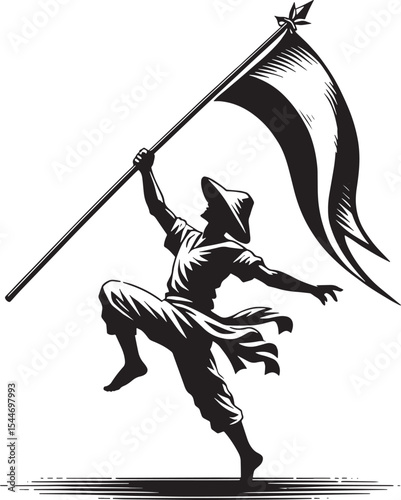 Dynamic woodcut illustration of a jubilant figure celebrating wi