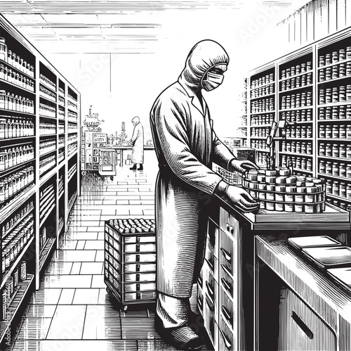 Sterile Manufacturing: A Researcher in a Laboratory Woodcut Styl
