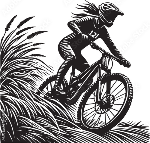 Dynamic woodcut illustration of a trail rider in monochrome show